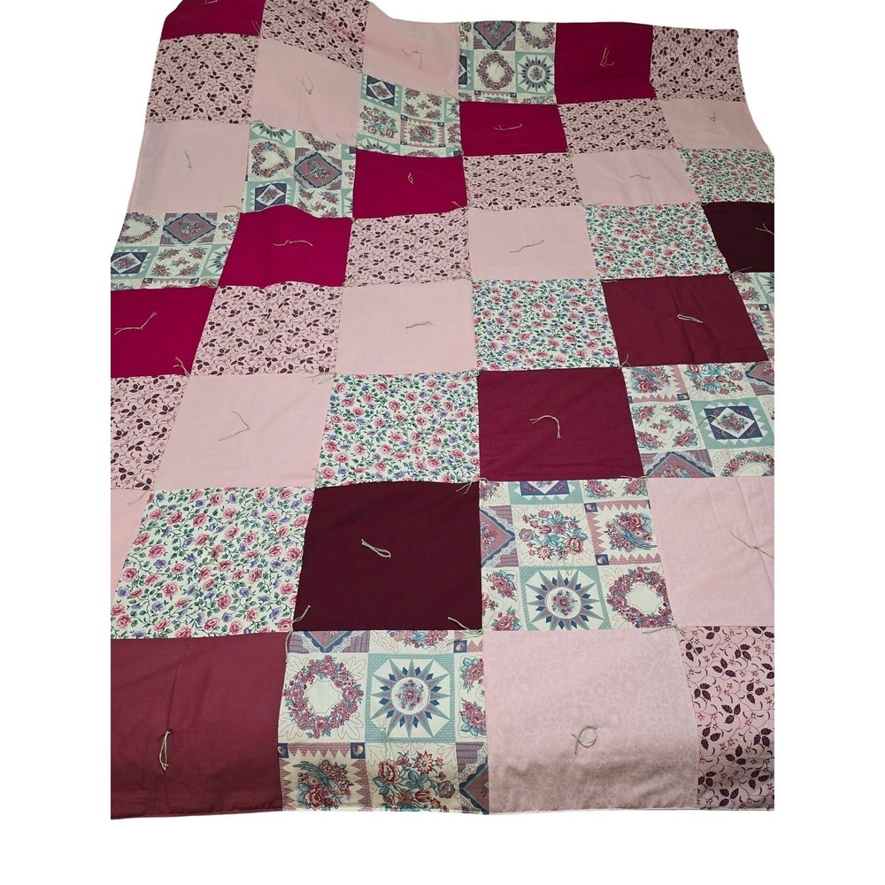 New Handmade Patchwork Quilt Pink Floral Green Folk Art Full Throw Blanket /0188